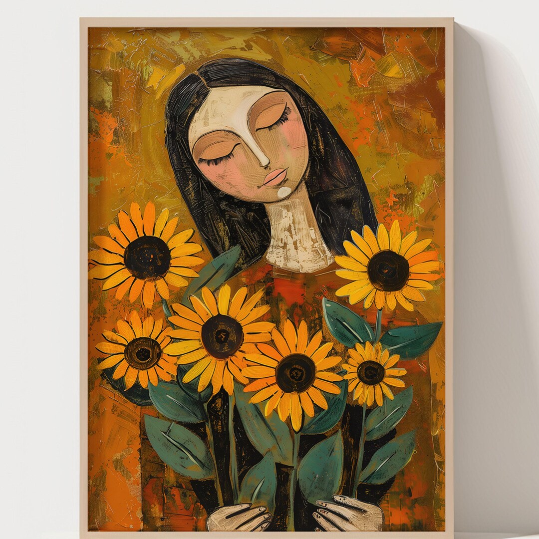 Folk Wall Art, Sunflower Woman Wall Art Printable, Female Portrait ...