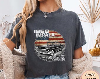 1958 Chevy Impala Vintage Muscle Car American Flag T-Shirt, Classic Car Lover Gift, Patriotic Old School Car Shirt, Retro USA Auto Tee