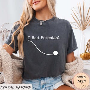 Pode incluir: Camiseta cor pimenta com a frase "I Had Potential" acima de um gráfico branco de uma bola rolando por uma linha curva. A camiseta é cinza escuro e tem um caimento folgado.