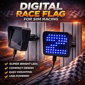 May include: A black digital race flag for sim racing, showing the number 2 in blue LED lights. The device has a compact design and is USB powered. The image also shows the text "DIGITAL RACE FLAG FOR SIM RACING".