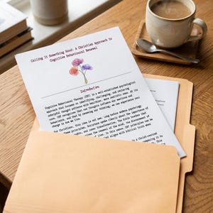 May include: A tan manila file folder containing printed documents titled Calling It Something Good: A Christian Approach to Cognitive Behavioural Renewal, featuring a small watercolour illustration of three colourful flowers at the top.