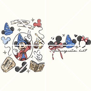 May include: A whimsical illustration featuring Mickey Mouse in a sorcerer's outfit, surrounded by iconic Disney elements. Includes a blue wizard hat, Mickey Mouse ears, a ticket, and the text "Some imagination, huh?"
