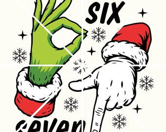 Può includere: Una grafica natalizia stravagante con due mani che formano i numeri sei e sette. Una mano è verde, simile al Grinch, e l'altra è bianca con un cappello da Babbo Natale. Le parole "six" e "seven" sono scritte in nero.