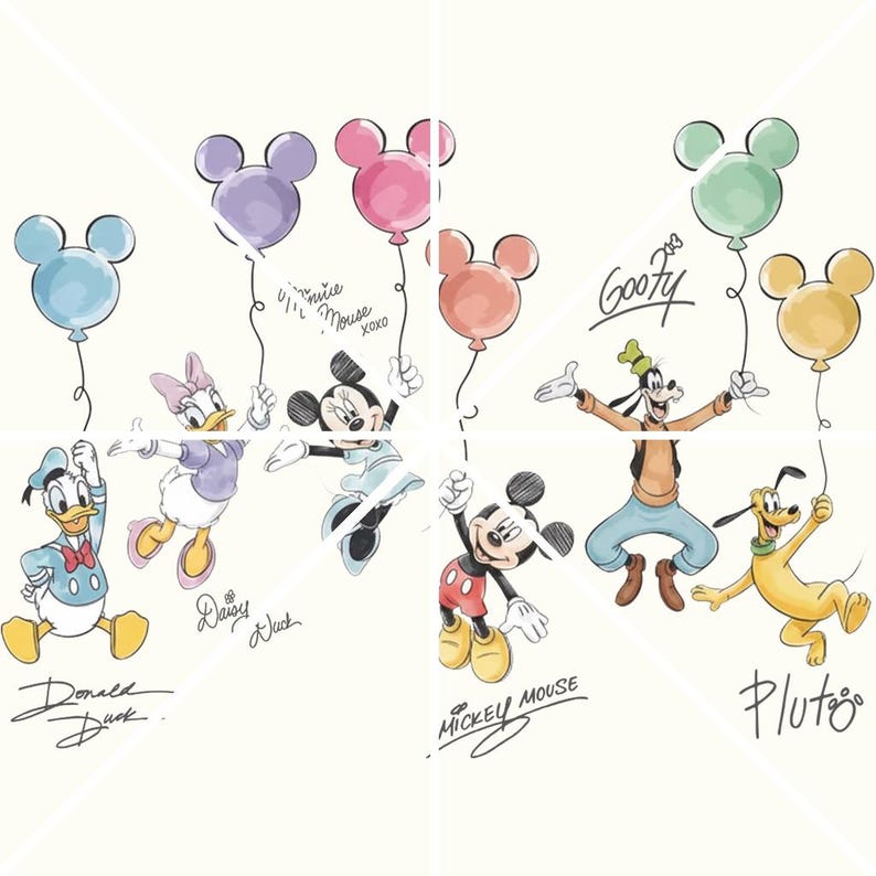May include: Illustration of Disney characters Donald Duck, Daisy Duck, Minnie Mouse, Mickey Mouse, Goofy, and Pluto, each holding a Mickey Mouse-shaped balloon. The balloons are in various colors, and each character's signature is included.