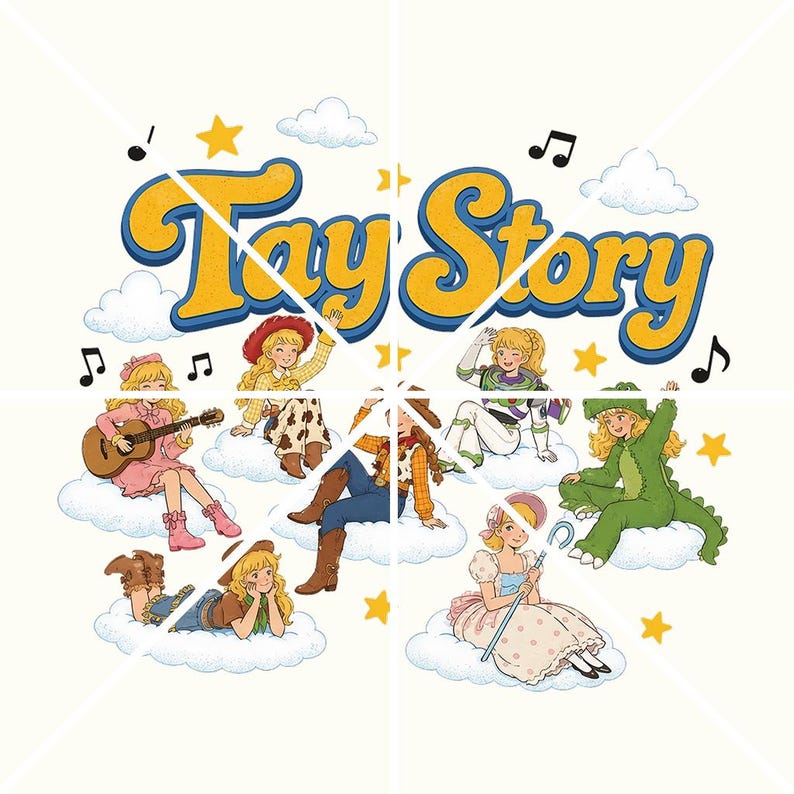 May include: A graphic illustration featuring the text Tay Story in yellow with blue outlines, surrounded by several blonde characters dressed in various costumes on white clouds, including a guitar player, cowgirls, a space ranger, and a dinosaur.