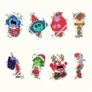 May include: A collection of cartoon characters from the movie Inside Out, each adorned with Christmas lights and festive attire. The characters are in various emotional states, with a holiday theme.