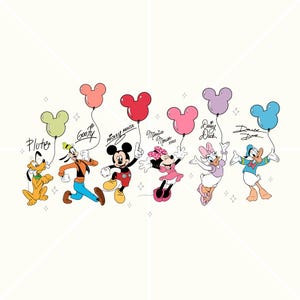 Puede incluir: Ilustración de dibujos animados con los personajes de Disney Pluto, Goofy, Mickey Mouse, Minnie Mouse, Daisy Duck y Donald Duck. Cada personaje sostiene un globo con forma de Mickey Mouse en varios colores, con sus nombres escritos encima.