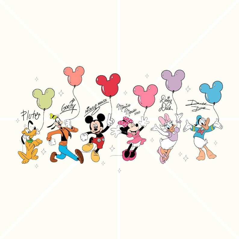 May include: A cartoon illustration featuring Disney characters Pluto, Goofy, Mickey Mouse, Minnie Mouse, Daisy Duck, and Donald Duck. Each character holds a Mickey Mouse-shaped balloon in various colors, with their names written above them.