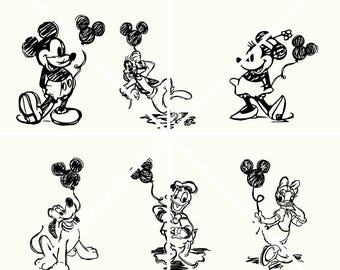 Mickey Mouse Firends Balloons Sketch Png, Family Vacation Instant Download, Printable Design For Cricut Cutting File