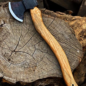 Può includere: Un'ascia piccola con testa nera e manico in legno marrone chiaro. La testa dell'ascia ha una lama argentata. L'ascia è appoggiata su un ceppo d'albero usurato e strutturato, che mostra la venatura del legno.