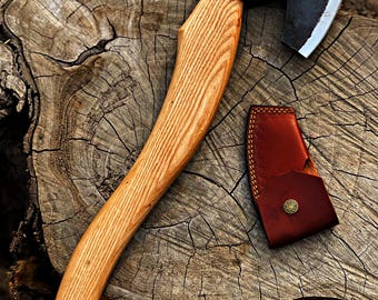 Handcrafted Bushcraft Axe, Hard Carbon Steel, Leather Sheath