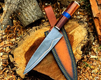 Cuchillo de Damasco de cobre hecho a mano, mango de palisandro, funda de cuero