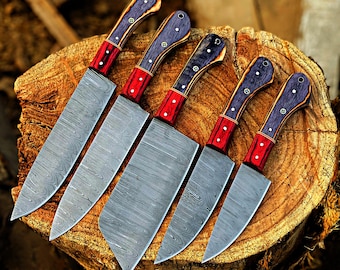 Handmade Damascus Steel Chef Knife Set, Forged Kitchen Knives