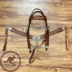 Handcrafted Tooled Leather Horse Bridle & Breast Collar Set - Silver Conchos