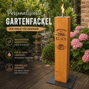 Personalisierte Gartenfackel | Holzfackel mit Name, Geburtsjahr & Wunschmotiv | XXL 12x12 cm | Ölfackel für Garten | Geburtstagsgeschenk