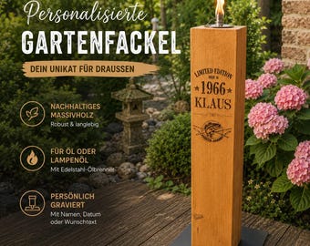 Personalisierte Gartenfackel | Holzfackel mit Name, Geburtsjahr & Wunschmotiv | XXL 12x12 cm | Ölfackel für Garten | Geburtstagsgeschenk