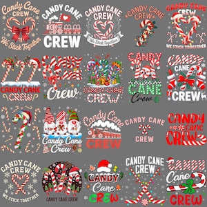 Könnte beinhalten: Eine Sammlung von Designs zum Thema Weihnachten mit Zuckerstangen, Weihnachtsmützen und dem Text "Candy Cane Crew". Designs umfassen herzförmige Zuckerstangen, Wichtel und einen Zug. Die Farbpalette ist rot, weiß und grün.
