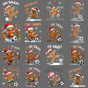 Könnte beinhalten: Eine Sammlung weihnachtlicher Grafiken mit Lebkuchenmännern, die Fußball spielen. Jeder Lebkuchenmann trägt einen Weihnachtsmütze und wird in verschiedenen Actionposen mit Fußbällen dargestellt. Der Satz "OH SNAP!" ist enthalten.