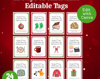 12 Days of Christmas Gift Tags, Printable Holiday Tags (Editable in Canva)