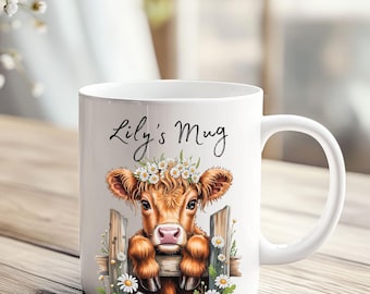 Personalized Highland Cow Sunflower Mug • Sunflower Gifts • Custom Wildflower Gift • Gift for Her Sister Daughter • Birthday Gift • 15