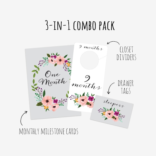 COMBO PACK: Floral Printable Baby Nursery Closet Dividers, Drawer Labels & Baby Monthly Milestone Cards - print yourself