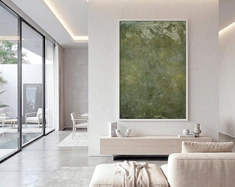 Minimalistische canvasprint – abstracte Wabi Sabi-kunstprint van een origineel ontwerp; moderne canvasprint in olijfgroene decoratie; neutrale muurdecoratie