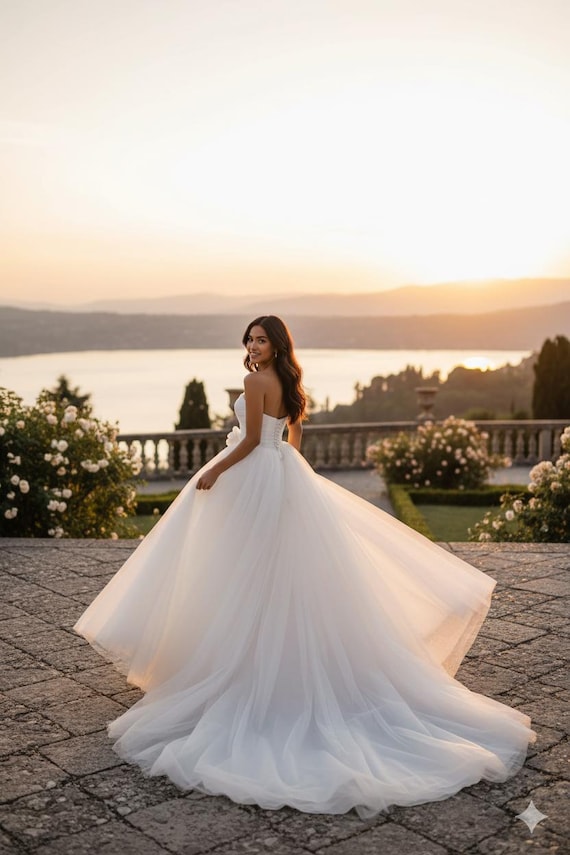 Tulle Wedding Dress, Couture Bridal Gown White Ruffle Photoshoot Dress Goddess Tiered Bridal Outfit Minimalist Wedding Gown