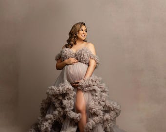 Maternity Dress Gown | Pregnancy Photoshoot Outfit | Baby Shower Dress | Sheer Maternity Robe for Photoshoot | Organza Robe baby shower gift