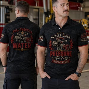May include: A black polo shirt featuring a graphic of a fire hose nozzle with red flames and the text "NOZZLE DOWN PRESSURE All Day ALWAYS READY" on the front, and "FULL THROTTLE WATER" on the back, with a small American flag on the sleeve.