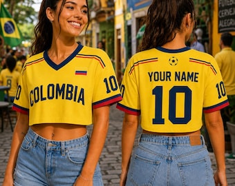 Custom Colombia Soccer Crop Top Jersey, Personalized V-Neck Shirt