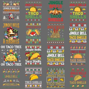 May include: A selection of Christmas-themed graphic designs with tacos. Each design includes the words "Jingle Bells" and "Taco Shells" in different fonts and arrangements, with taco illustrations and festive holiday elements.