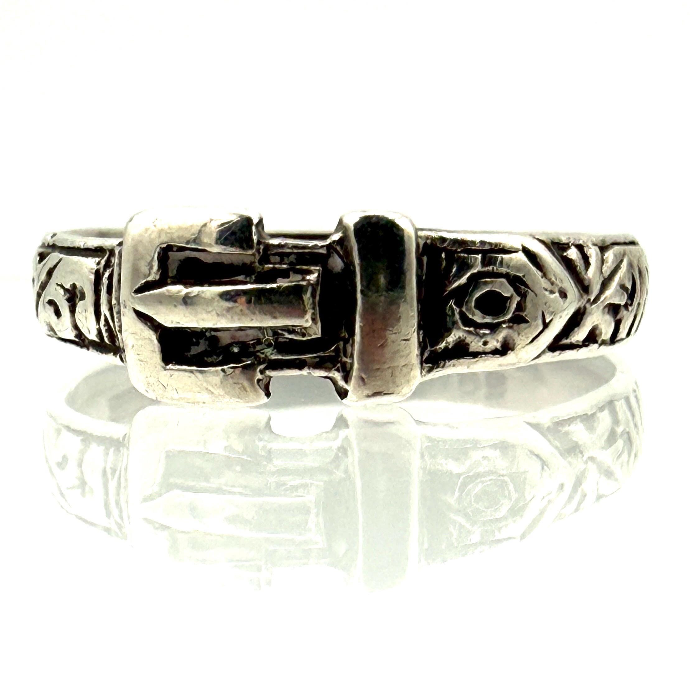 Vintage Sterling Silver Buckle Ring, London 1975 Hallmarked A & AJ, Pierced Foliate Scroll Small Band, Symbolic Love Loyalty Gift Her US 6.5,