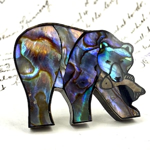 Vintage Storrs Abalone Bear Brooch, Glacier Pearle Shell Pin, Wildlife Animal Jewellery, Iridescent Shell Gift, Nature Lover, Blues & Greens