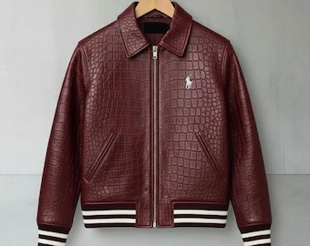 Chaqueta bomber universitaria de piel de vaca auténtica con relieve de cocodrilo de Polo Ralph Lauren, color granate