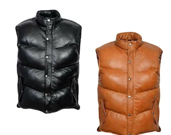 Chaleco acolchado de piel de cordero suave y auténtica para hombre, color negro y tostado. ¡Excelente vendedor!