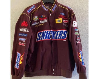 Chaqueta de carreras Snickers vintage: estilo bomber bordado, ropa unisex de NASCAR