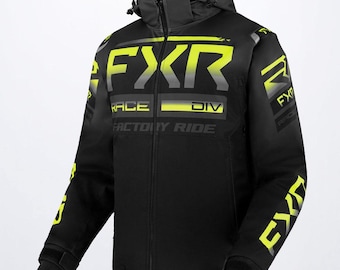 Chaqueta de moto de nieve FXR Race Division negra y amarillo neón / Impermeable y cortavientos con capucha para carreras de invierno