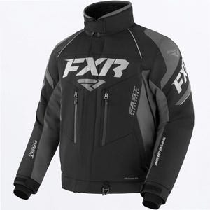 May include: Black and grey winter jacket featuring the white "FXR" logo. The jacket has a high collar, multiple zipped pockets, and the words "FAST FLOATATION" and "ADRENALINE" printed on the sleeves.