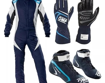 Conjunto de traje, botas y guantes (pasamontañas) para karting OMP con impresión digital por sublimación personalizada, homologado CIK/FIA Nivel 2.