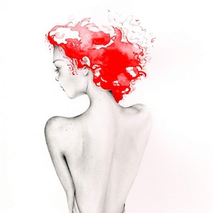 Modern minimalist watercolor painting of a redhead. My original unique hand drawn abstract red wall art for her and your home. image 5