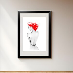 May include: A black framed print of a woman with red hair, hanging on a white wall above a wooden table with two black chairs. The table has three cups and saucers on it.