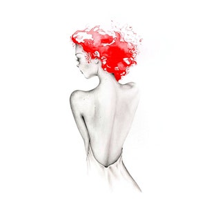 Modern minimalist watercolor painting of a redhead. My original unique hand drawn abstract red wall art for her and your home. image 4