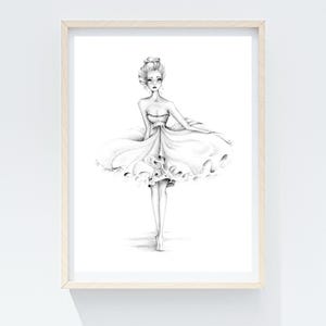 This sweet girl is all dressed up with no where to go. The will be dancing where no one is watching tonight. A fine art Giclee or poster print of my original fashion illustration. Minimalist pencil sketch.