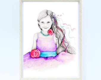 Portrait Drawing of Your Daughter in her Birthday Dress. Unique Fun Abstract Watercolor Painting from Your Photo. art