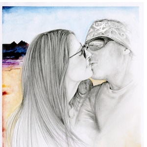 This was a custom couples portrait commissioned as remembrance gift of their engagement day as they prepare for their wedding.  All of my portraits are hand drawn and painted from your photo. A one of a kind gift by star seller.