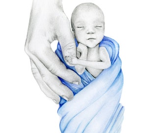 Stillborn baby Christmas gift for dad, mom. Remembrance memorial for death of an infant, pregnancy loss miscarraige Hand drawn portrait art.