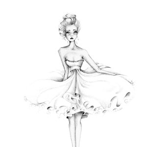 Minimalist fashion illustration. She is a print, reproduction of my original black and white pencil drawing. She was hand drawn by me. Illustration is sold. Here is a print available in many sizes.