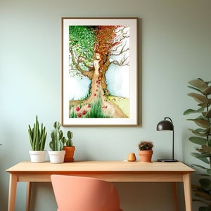 This is nature inspired enlargement example displayed, a fine art Giclee print. I offer many sizes for this woodland piece, a girl, woman in a tree representing all four seasons. Unique and interesting giving a wow factor for nature lovers.