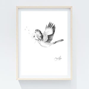 Dove in Flight Print: Black and White Pencil Drawing, Minimalist Bird Art