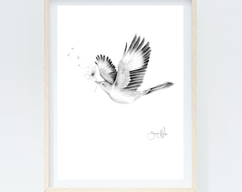 Spring Home Decor Easter Gifts Dove in Flight Print: Black and White Pencil Drawing, Minimalist Bird Art